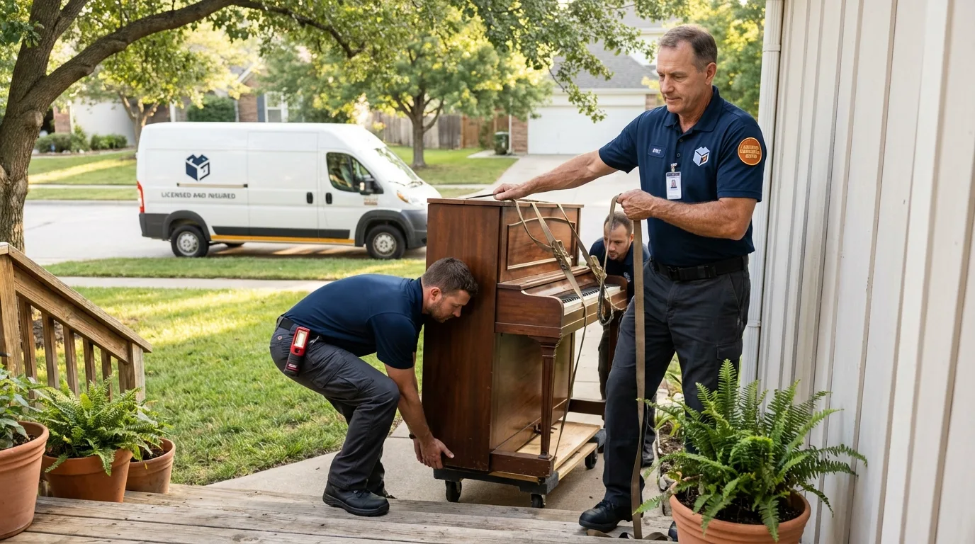 Licensed piano movers securing grand piano in Reinbeck, IA