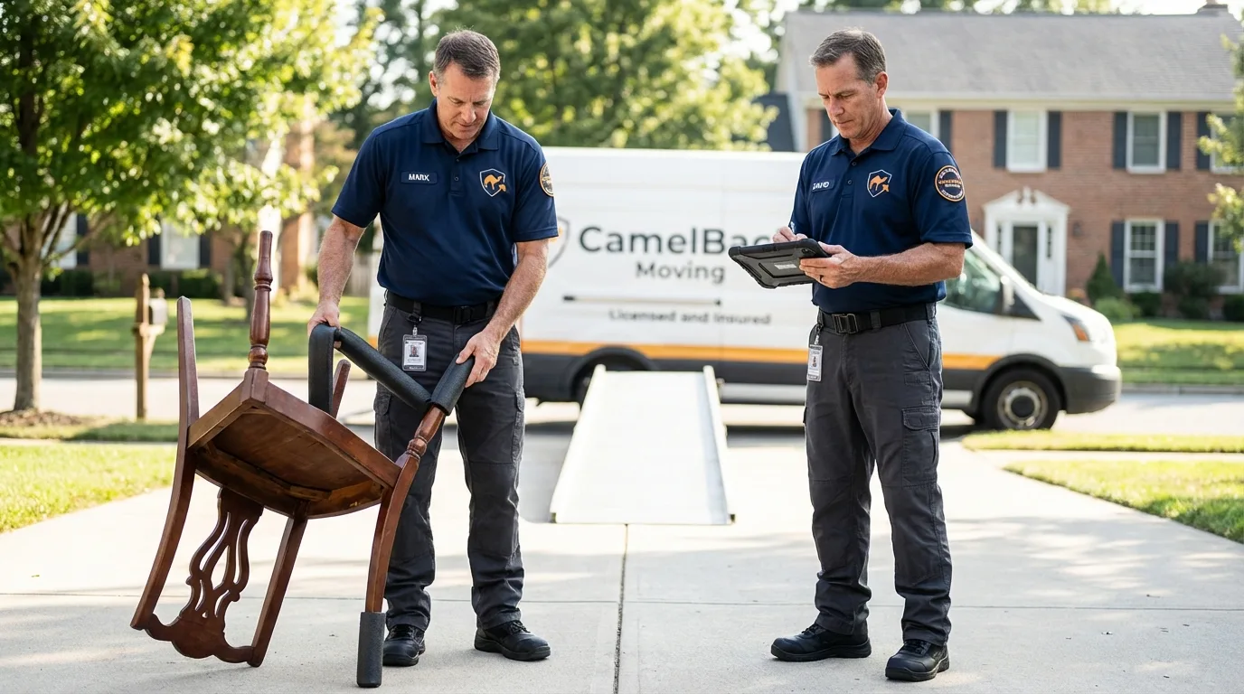 Movers inspecting furniture for damage prevention before loading in Reinbeck, IA