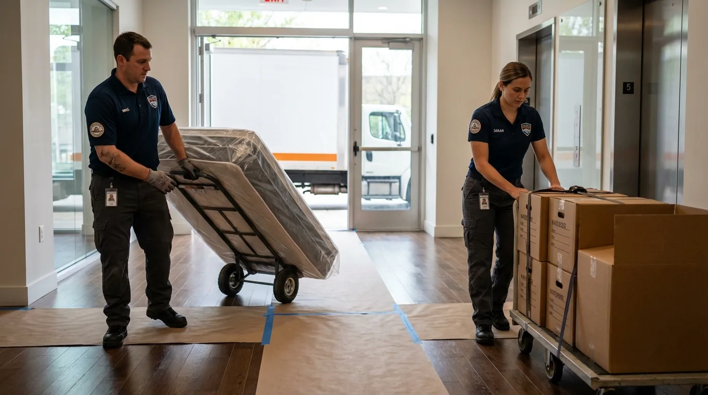 Professional apartment movers loading elevator in Reinbeck, IA