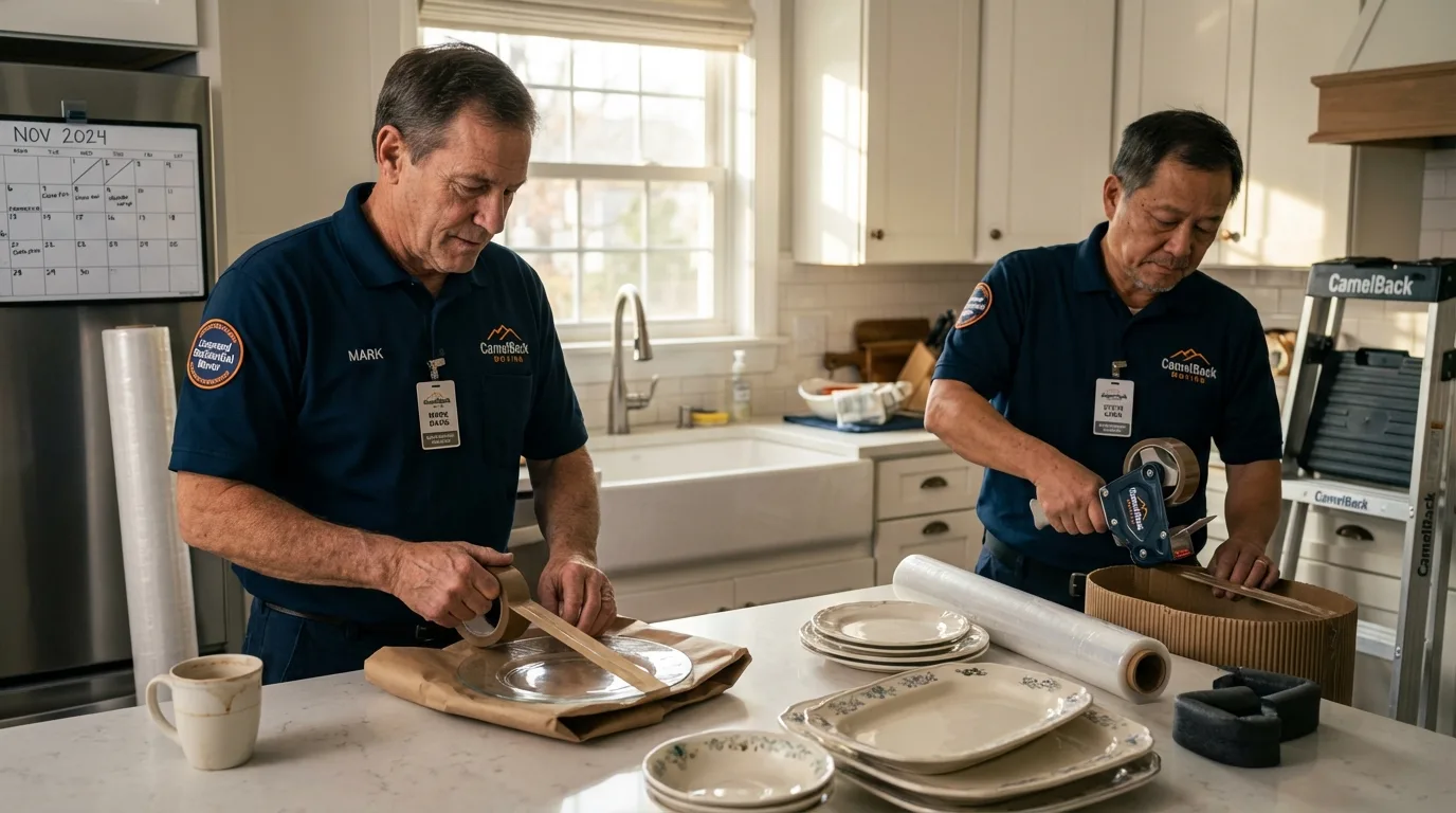 Professional crew packing kitchen dishware in Reinbeck, IA